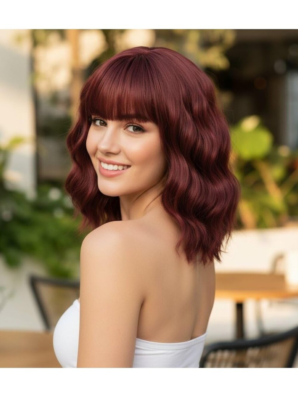 Wine Red Short Wavy Wigs with Bangs Burgundy Wig Shoulder Length 14Inch